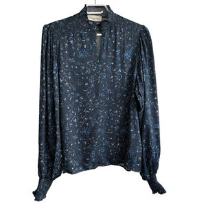 Berenice Paris Floral Print Blouse Navy Long Sleeve Smocked Cuffs Boho Chic